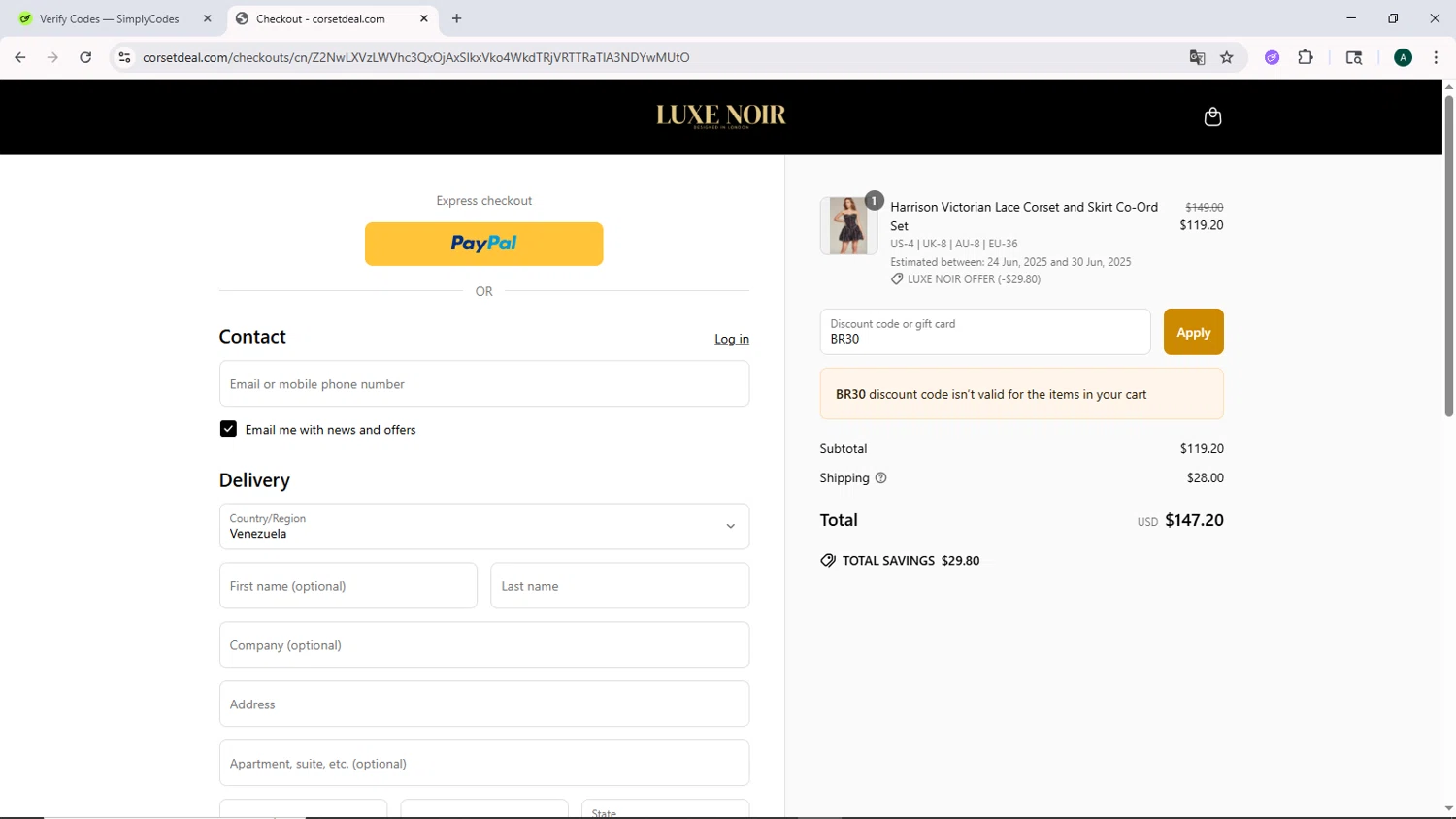 CorsetDeal discount code screenshot showing code BR30 applied at CorsetDeal checkout page. Uploaded by SimplyCodes community member DiscountCurator2907 on Jun 18, 2025