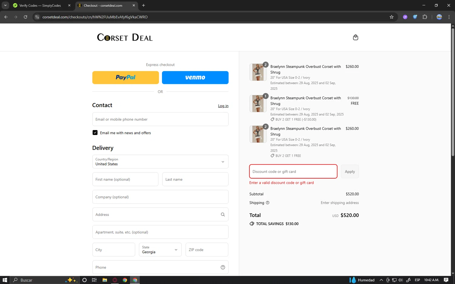 CorsetDeal discount code screenshot showing code VIP20 applied at CorsetDeal checkout page. Uploaded by SimplyCodes community member Locura on Aug 26, 2025