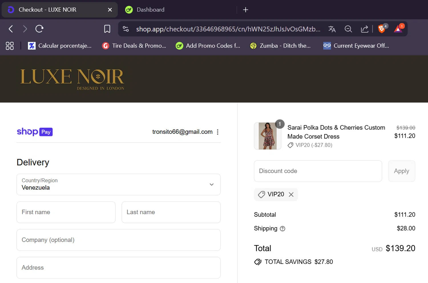 CorsetDeal discount code screenshot showing code VIP20 applied at CorsetDeal checkout page. Uploaded by SimplyCodes community member elizabethjames on Aug 22, 2025