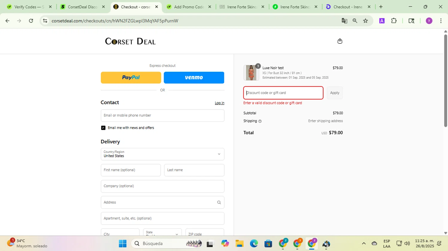 CorsetDeal discount code screenshot showing code VIP20 applied at CorsetDeal checkout page. Uploaded by SimplyCodes community member yadicg054 on Aug 26, 2025