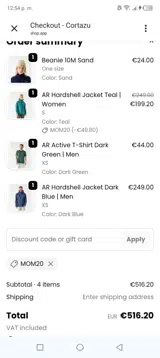 Mom20 coupon verification screenshot