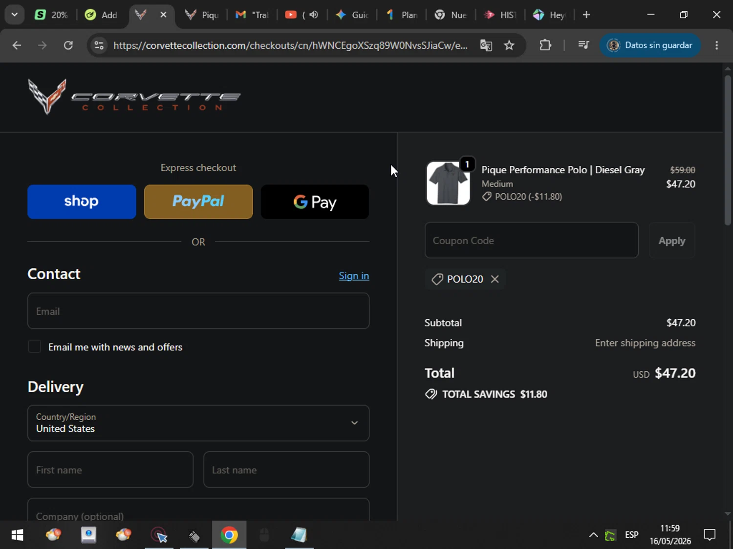 Corvette Collection promo code screenshot showing code POLO20 applied at Corvette Collection checkout page. Uploaded by SimplyCodes community member MarcosAranguren on May 16, 2026