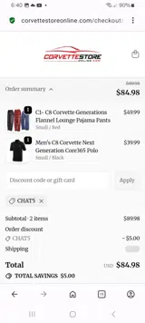 Corvette Store Online coupon verification screenshot