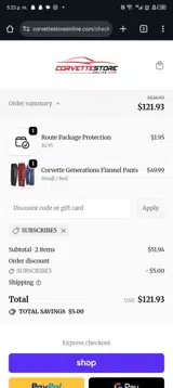 Corvette Store Online coupon verification screenshot