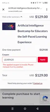 LEARN20 coupon verification screenshot