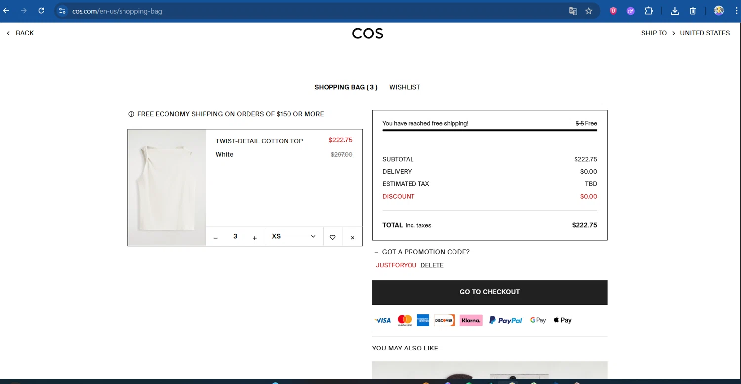 COS promo code screenshot showing code JUSTFORYOU applied at COS checkout page. Uploaded by SimplyCodes community member Bope_________ on Nov 29, 2025