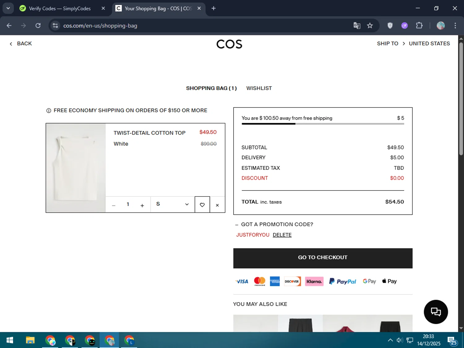 COS promo code screenshot showing code JUSTFORYOU applied at COS checkout page. Uploaded by SimplyCodes community member LegendaryPro7106 on Dec 15, 2025