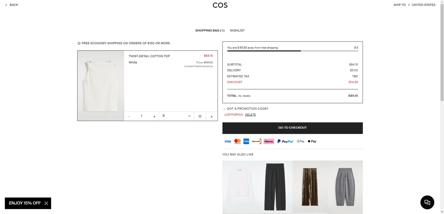 COS promo code screenshot showing code JUSTFORYOU applied at COS checkout page. Uploaded by SimplyCodes community member SilverChaser3269 on Dec 5, 2025