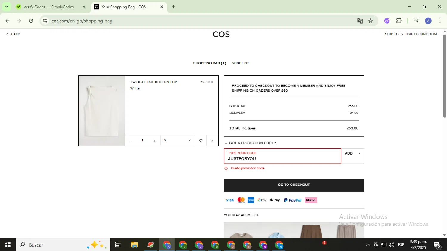 COS promo code screenshot showing code JUSTFORYOU applied at COS checkout page. Uploaded by SimplyCodes community member TreasureCaptain5531 on Aug 4, 2025
