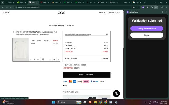 COS checkout page showing COS promo code box | Screenshot taken by SimplyCodes community member on Sep 28, 2025