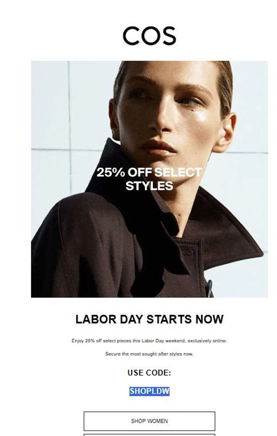COS promo code screenshot showing code SHOPLDW applied at COS checkout page. Uploaded by SimplyCodes community member 6d796e616d656973 on Aug 27, 2025