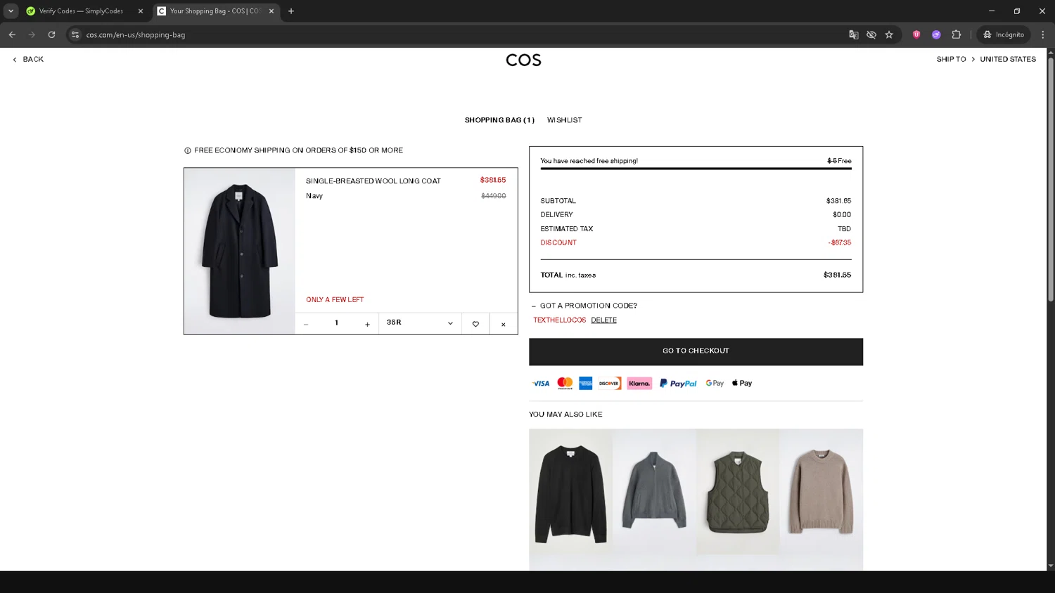 COS promo code screenshot showing code TEXTHELLOCOS applied at COS checkout page. Uploaded by SimplyCodes community member CBR600 on Nov 21, 2025