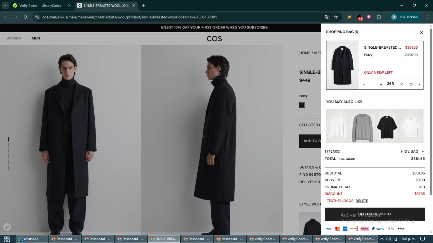 COS promo code screenshot showing code TEXTHELLOCOS applied at COS checkout page. Uploaded by SimplyCodes community member CashShopper1214 on Nov 5, 2025