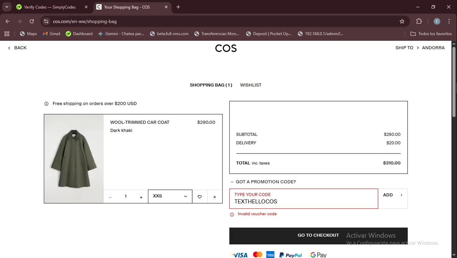 COS promo code screenshot showing code TEXTHELLOCOS applied at COS checkout page. Uploaded by SimplyCodes community member Esteban on Aug 23, 2025