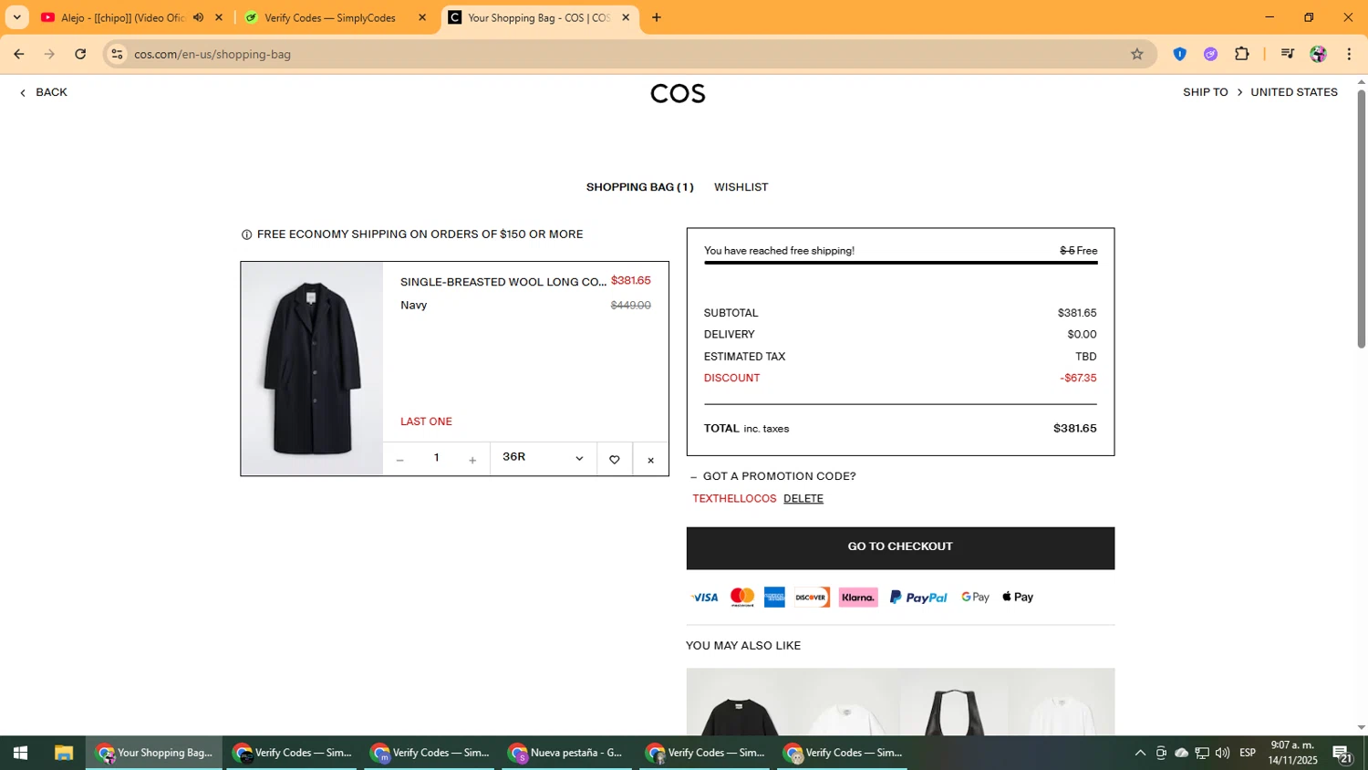 COS promo code screenshot showing code TEXTHELLOCOS applied at COS checkout page. Uploaded by SimplyCodes community member Vanmanuel on Nov 14, 2025