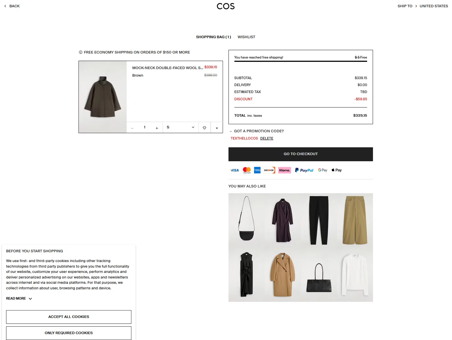 COS checkout page showing COS promo code box | Screenshot taken by SimplyCodes community member on Jan 13, 2026