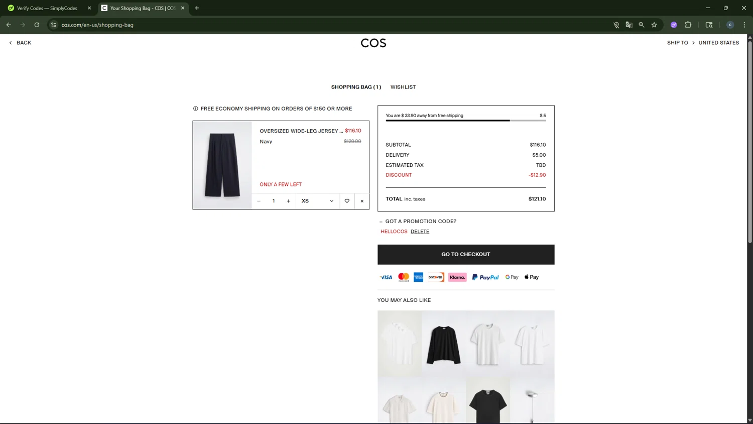 COS promo code screenshot showing code hellocos applied at COS checkout page. Uploaded by SimplyCodes community member CouponAce2971 on Feb 19, 2026