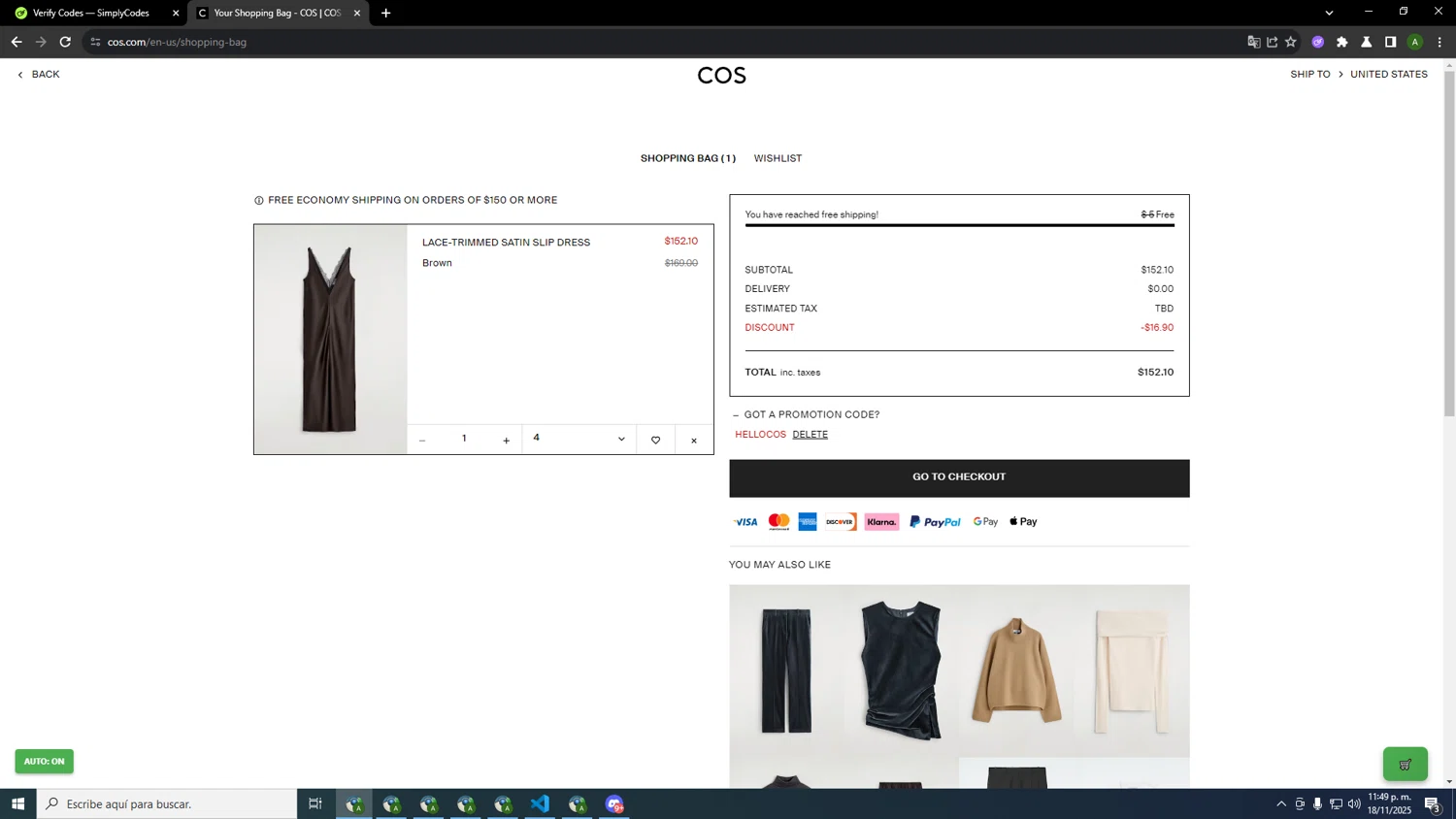 COS promo code screenshot showing code hellocos applied at COS checkout page. Uploaded by SimplyCodes community member INSECTOS on Nov 19, 2025