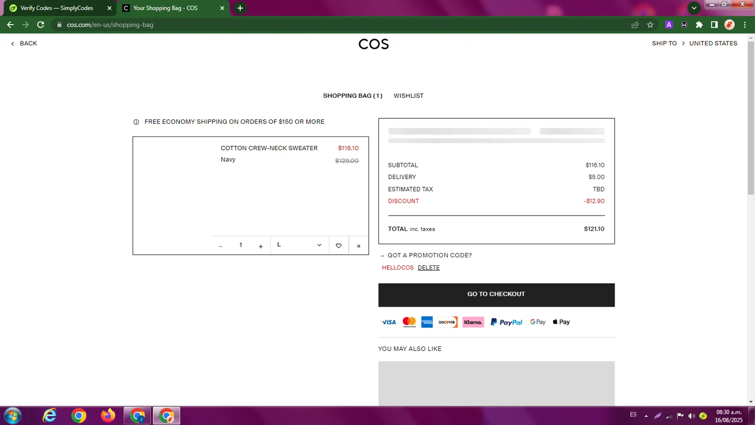 COS promo code screenshot showing code hellocos applied at COS checkout page. Uploaded by SimplyCodes community member LegendaryBoss7060 on Aug 16, 2025