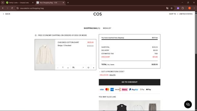 COS checkout page showing COS promo code box | Screenshot taken by SimplyCodes community member on Sep 7, 2025