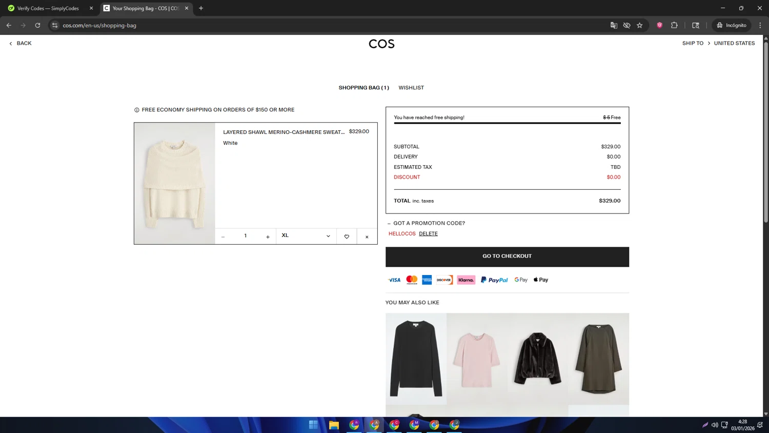 COS promo code screenshot showing code hellocos applied at COS checkout page. Uploaded by SimplyCodes community member SwiftSage2309 on Jan 3, 2026