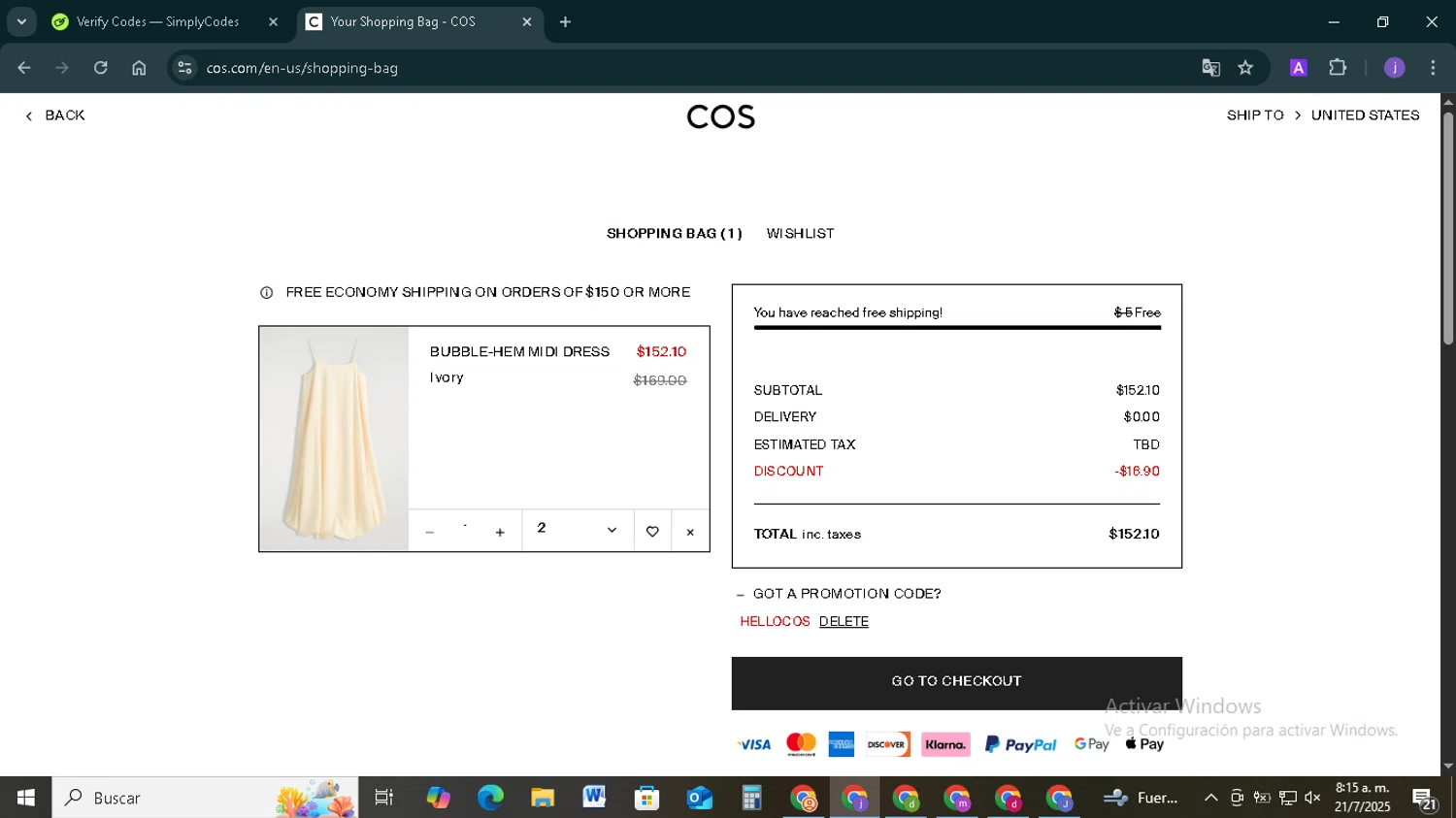 COS promo code screenshot showing code hellocos applied at COS checkout page. Uploaded by SimplyCodes community member TAZ2024 on Jul 21, 2025