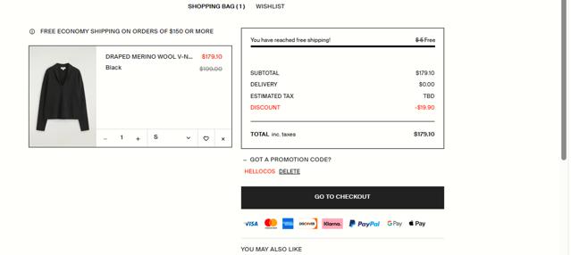 COS checkout page showing COS promo code box | Screenshot taken by SimplyCodes community member on Sep 7, 2025