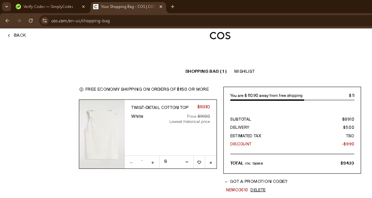 COS promo code screenshot showing code NEWCOS10 applied at COS checkout page. Uploaded by SimplyCodes community member CoinSage1043 on Dec 6, 2025