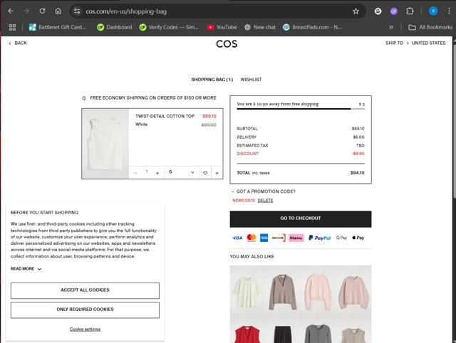 COS checkout page showing COS promo code box | Screenshot taken by SimplyCodes community member on Sep 7, 2025