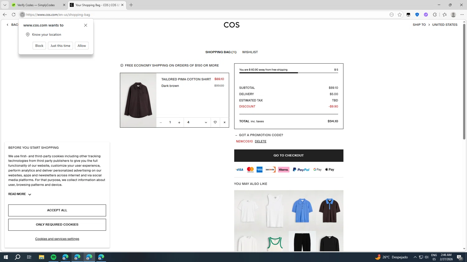 COS checkout page showing COS promo code box | Screenshot taken by SimplyCodes community member on Feb 27, 2026