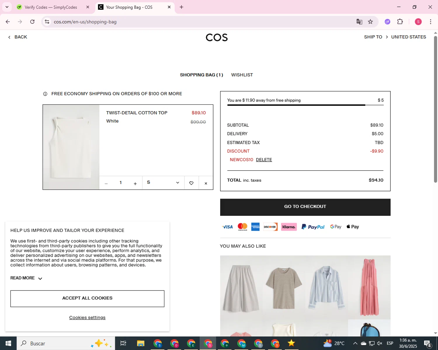 COS promo code screenshot showing code NEWCOS10 applied at COS checkout page. Uploaded by SimplyCodes community member QuestHunter6203 on Jun 30, 2025