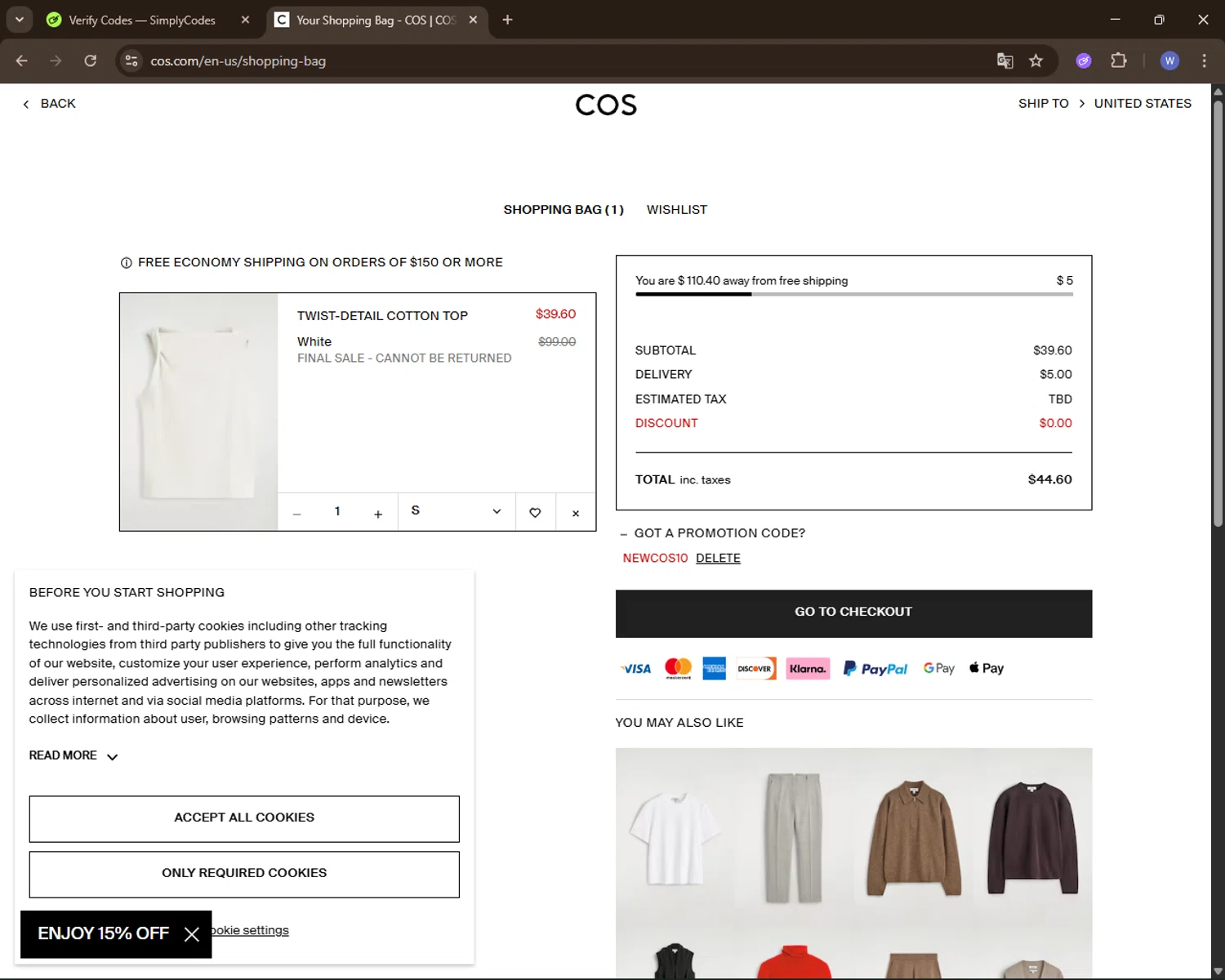 COS promo code screenshot showing code NEWCOS10 applied at COS checkout page. Uploaded by SimplyCodes community member VoucherElite7352 on Dec 22, 2025