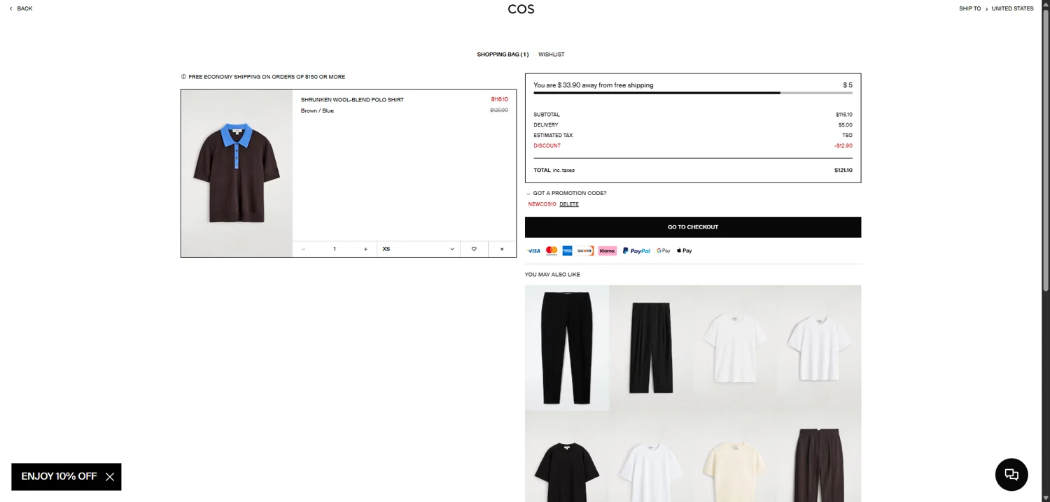 COS checkout page showing COS promo code box | Screenshot taken by SimplyCodes community member on Feb 18, 2026