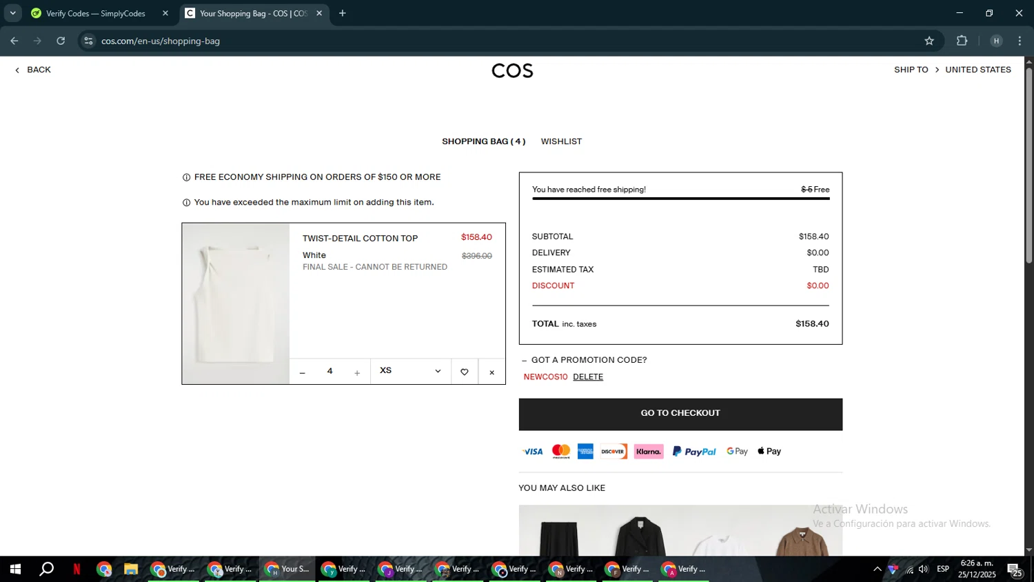 COS promo code screenshot showing code NEWCOS10 applied at COS checkout page. Uploaded by SimplyCodes community member YAMAHA on Dec 25, 2025
