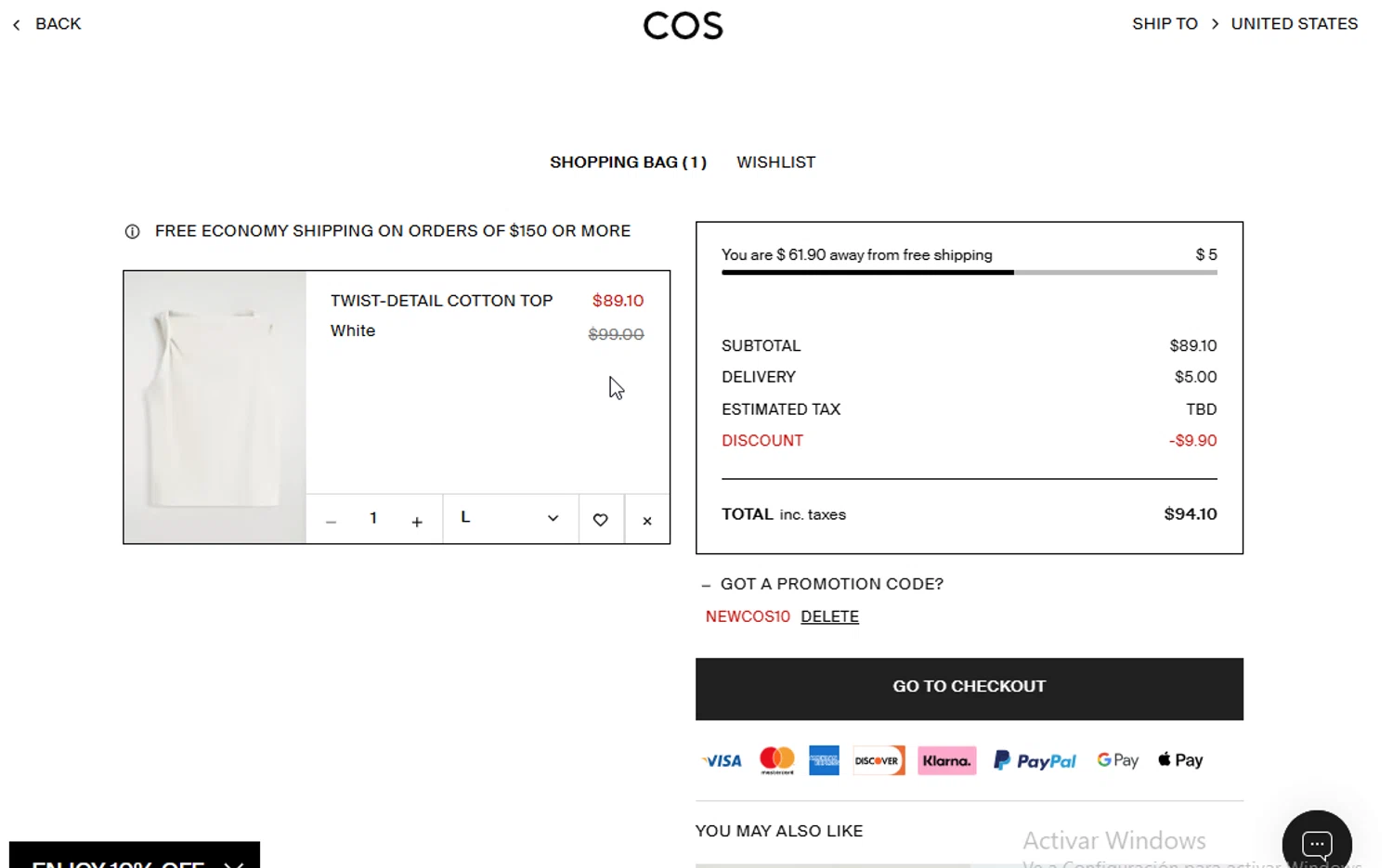 COS promo code screenshot showing code NEWCOS10 applied at COS checkout page. Uploaded by SimplyCodes community member danyx_gx on Jul 24, 2025