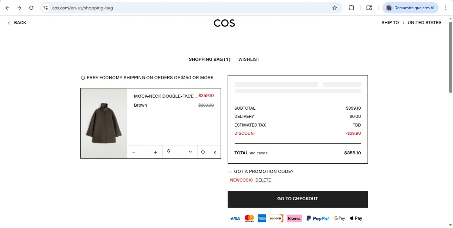 COS checkout page showing COS promo code box | Screenshot taken by SimplyCodes community member on Jan 10, 2026