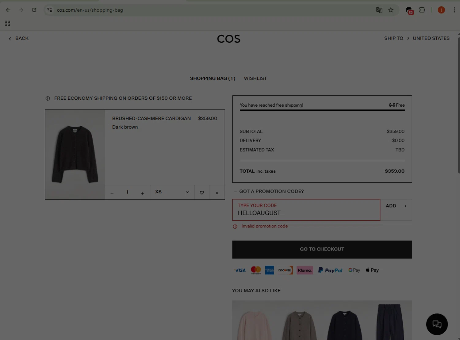 COS promo code screenshot showing code HELLOAUGUST applied at COS checkout page. Uploaded by SimplyCodes community member WonderSpotter5339 on Aug 18, 2025