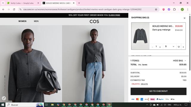 COS checkout page showing COS promo code box | Screenshot taken by SimplyCodes community member on Sep 27, 2025