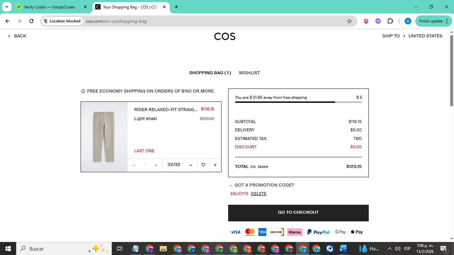 COS checkout page showing COS promo code box | Screenshot taken by SimplyCodes community member on Feb 15, 2026