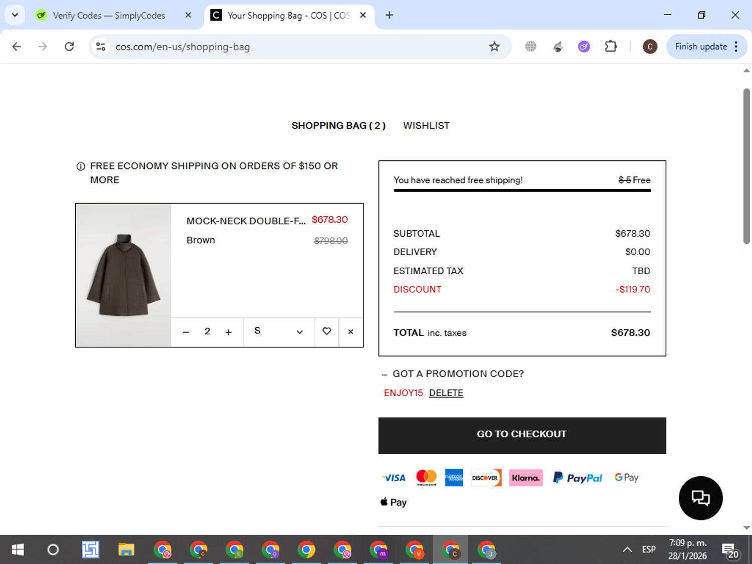 COS checkout page showing COS promo code box | Screenshot taken by SimplyCodes community member on Jan 28, 2026