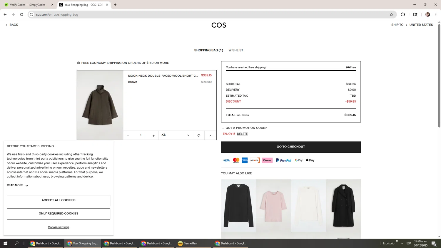 COS promo code screenshot showing code ENJOY15 applied at COS checkout page. Uploaded by SimplyCodes community member Levi_Ackerman on Dec 30, 2025