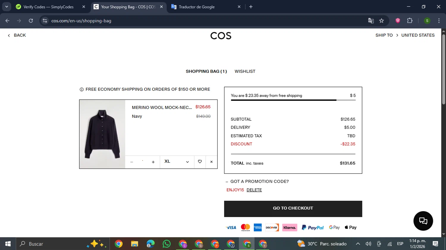 COS checkout page showing COS promo code box | Screenshot taken by SimplyCodes community member on Feb 1, 2026