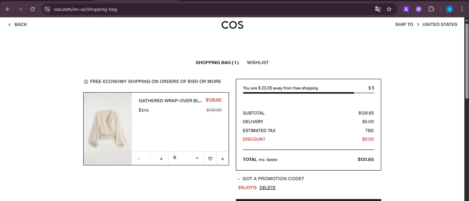 COS promo code screenshot showing code ENJOY15 applied at COS checkout page. Uploaded by SimplyCodes community member ShieldKnight4744 on Nov 20, 2025