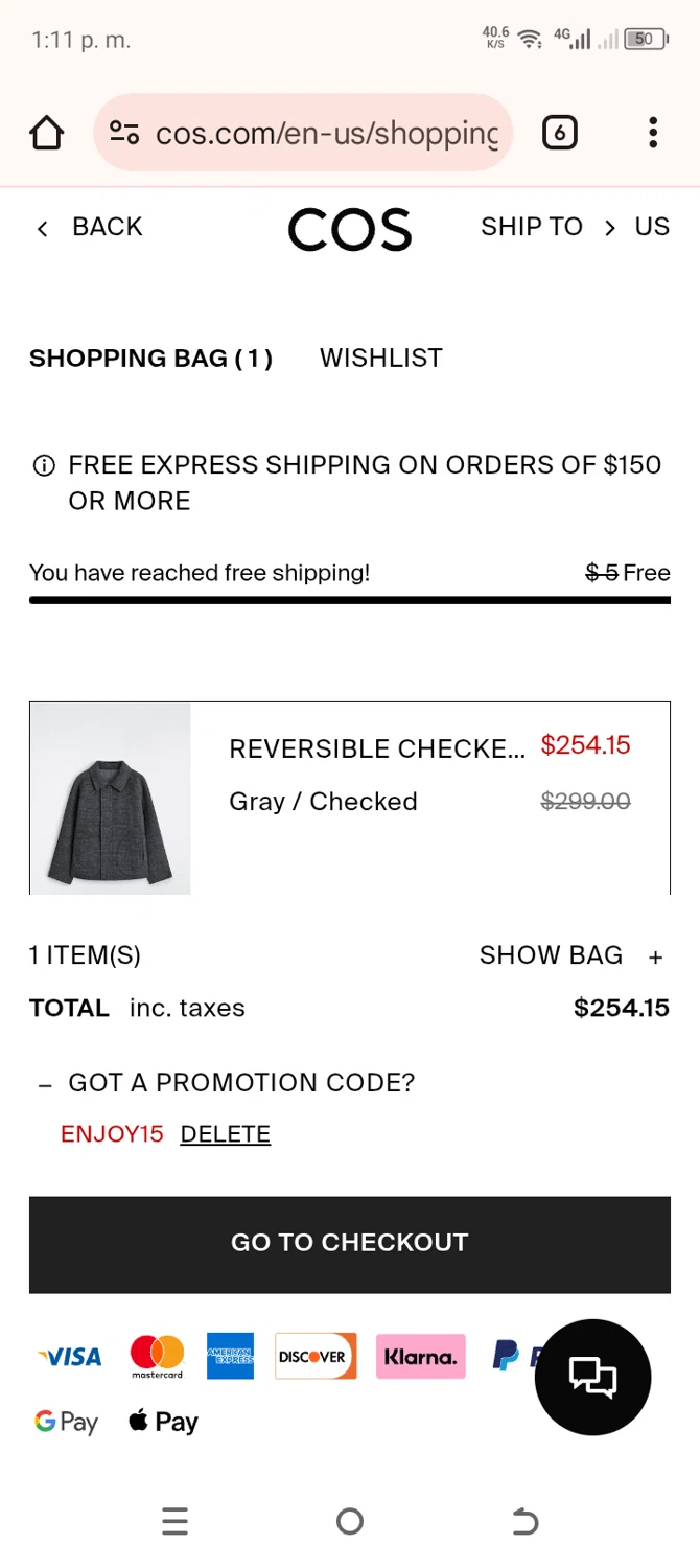 COS promo code screenshot showing code ENJOY15 applied at COS checkout page. Uploaded by SimplyCodes community member cachetegomez on Dec 26, 2025