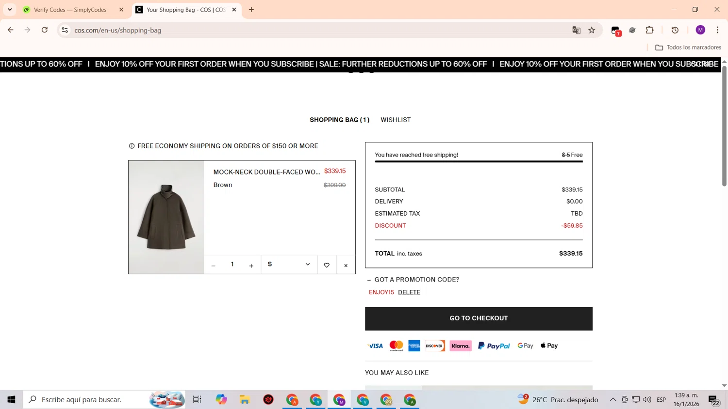 COS checkout page showing COS promo code box | Screenshot taken by SimplyCodes community member on Jan 16, 2026