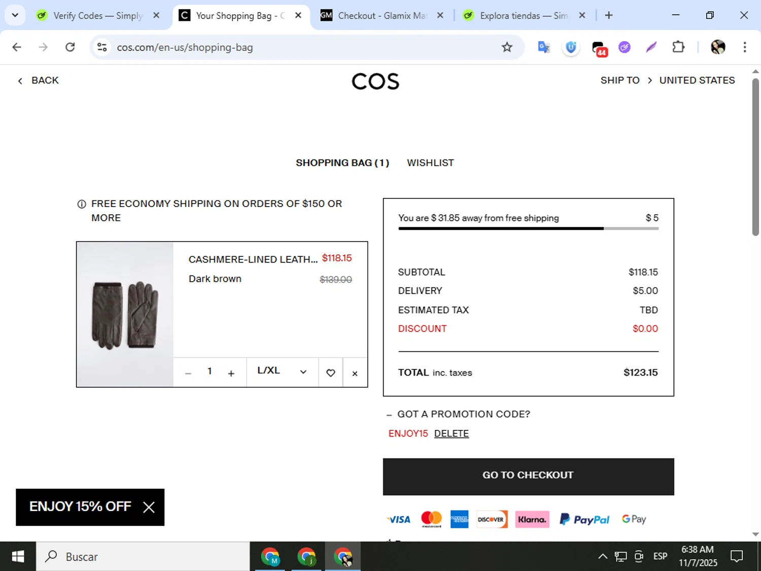 COS promo code screenshot showing code ENJOY15 applied at COS checkout page. Uploaded by SimplyCodes community member mariapolancog on Nov 7, 2025