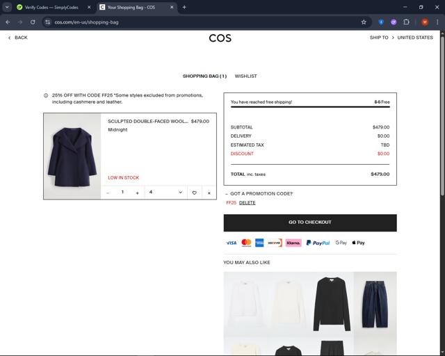 COS checkout page showing COS promo code box | Screenshot taken by SimplyCodes community member on Sep 29, 2025