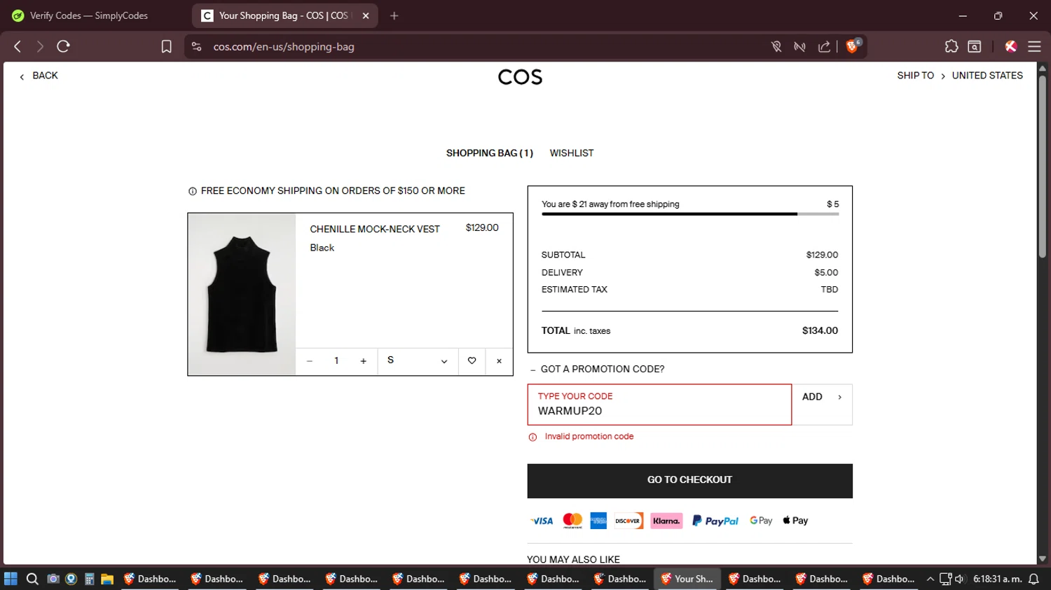 COS promo code screenshot showing code WARMUP20 applied at COS checkout page. Uploaded by SimplyCodes community member Shizuku on Feb 6, 2026