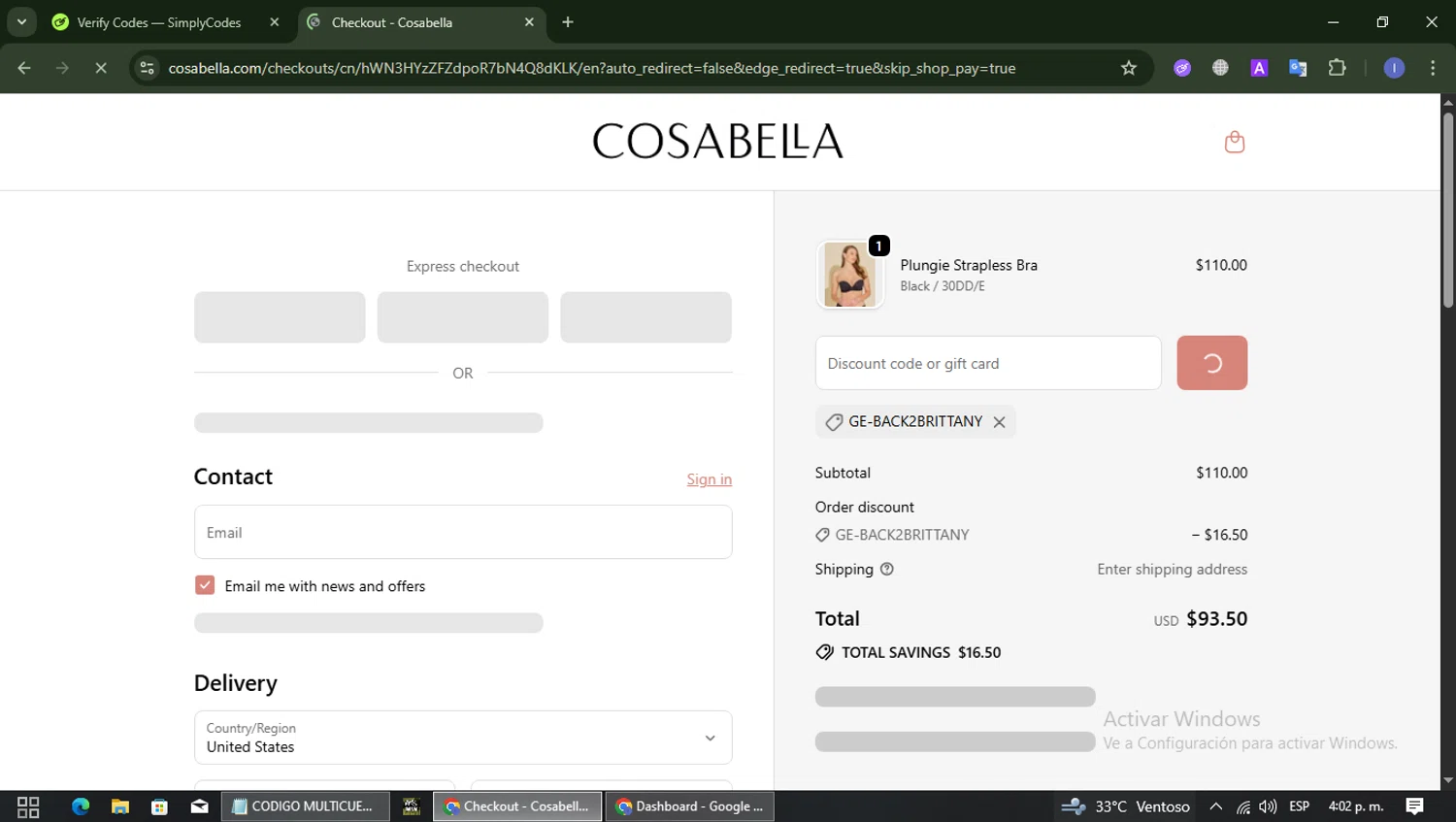 Cosabella promo code screenshot showing code GE-BACK2BRITTANY applied at Cosabella checkout page. Uploaded by SimplyCodes community member SmartMaven8764 on Sep 22, 2025
