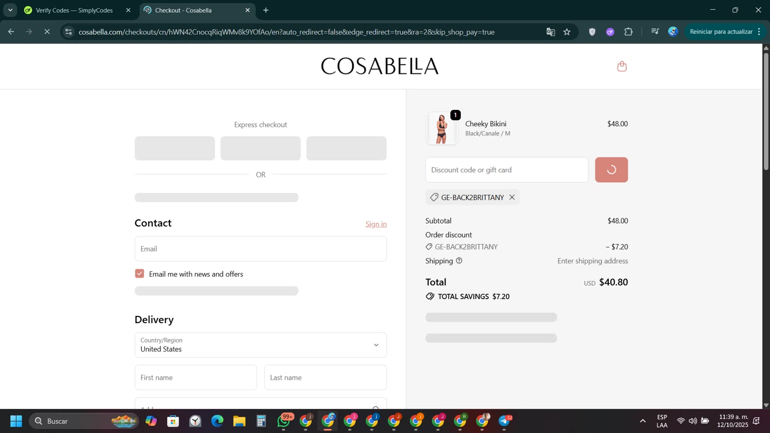 Cosabella promo code screenshot showing code GE-BACK2BRITTANY applied at Cosabella checkout page. Uploaded by SimplyCodes community member VictoriousPioneer4638 on Oct 12, 2025
